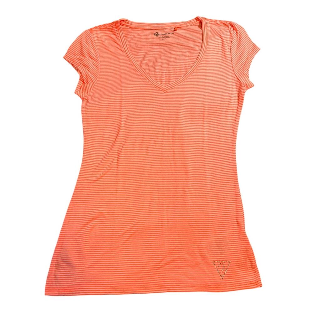 Guess Women’s Small Coral White Striped V Neck T Shirt Rhinestone Logo Tee